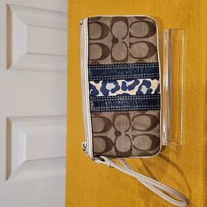 Coach Tan and Blue Animal Print & Jacquard Wristlet  GUC
